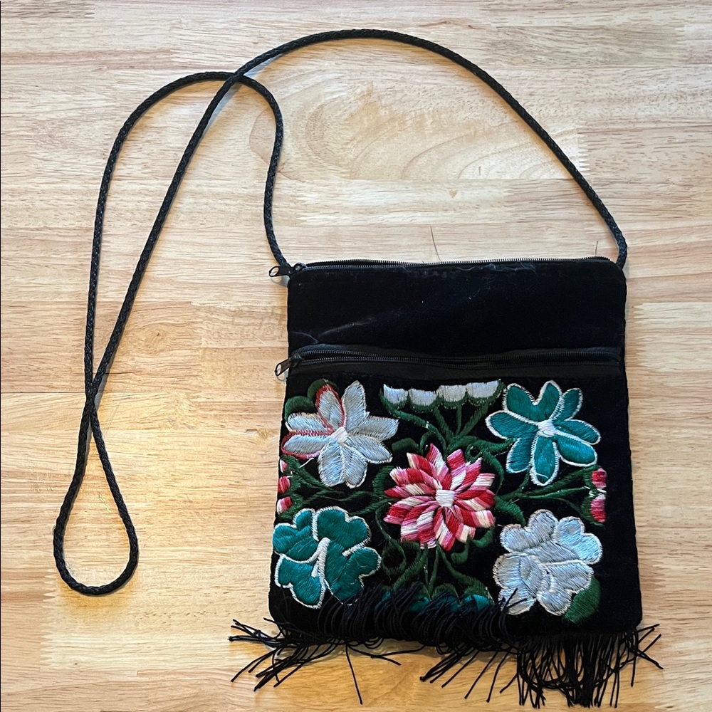 Embroidered Black Floral Crossbody Bag